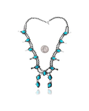 .925 Sterling Silver Certified Authentic Navajo Native American Natural Turquoise Necklace 35162