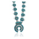 Squash Blossom .925 Sterling Silver Handmade Navajo Turquoise Necklace 35163