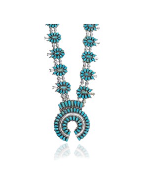 Squash Blossom  .925 Sterling Silver Certified Authentic Handmade Navajo Native American Natural Turquoise Necklace 35163