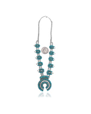 Squash Blossom .925 Sterling Silver Certified Authentic Handmade Navajo Native American Natural Turquoise Necklace 35163 Squash Blossom .925 Sterling Silver Certified Authentic Handmade Navajo Native American Natural Turquoise Necklace 35163