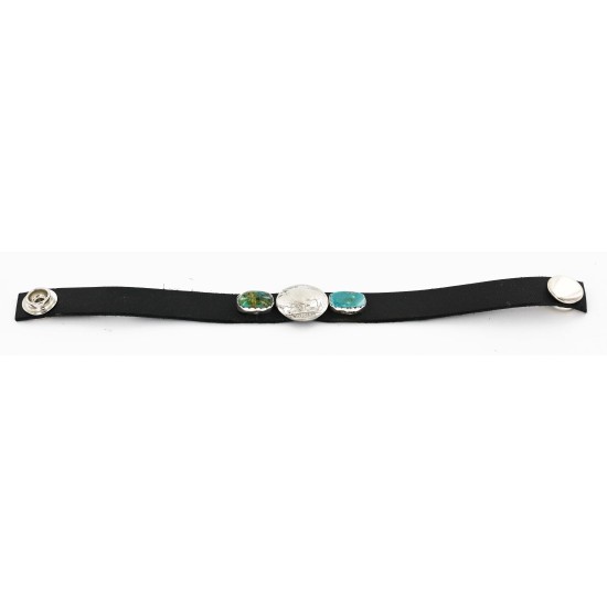 Handmade LEATHER Certified Authentic Vintage Style Buffalo Nickel Navajo .925 Sterling Silver Natural Turquoise Native American Bracelet 12836-2