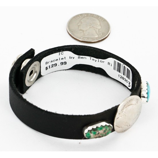 Handmade LEATHER Certified Authentic Vintage Style Buffalo Nickel Navajo .925 Sterling Silver Natural Turquoise Native American Bracelet 12836-3