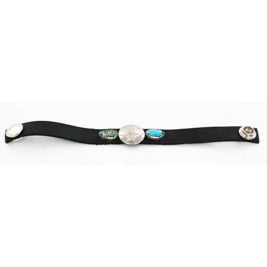 Handmade LEATHER Certified Authentic Vintage Style Buffalo Nickel Navajo .925 Sterling Silver Natural Turquoise Native American Bracelet 12836-3