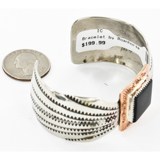 Handmade Horse Certified Authentic Navajo Pure Nickel Copper Native American Bracelet Natural Black Onyx 12844-5