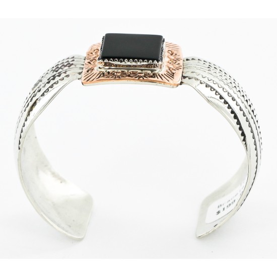 Handmade Horse Certified Authentic Navajo Pure Nickel Copper Native American Bracelet Natural Black Onyx 12844-5