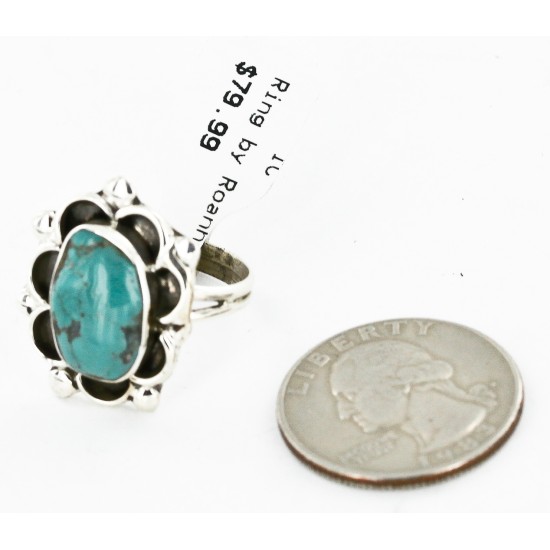.925 Sterling Silver Flower Handmade Certified Authentic Navajo Natural Turquoise Native American Ring  17000-1