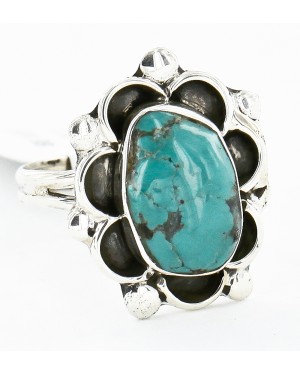 .925 Sterling Silver Flower Handmade Certified Authentic Navajo Natural Turquoise Native American Ring  17000-1