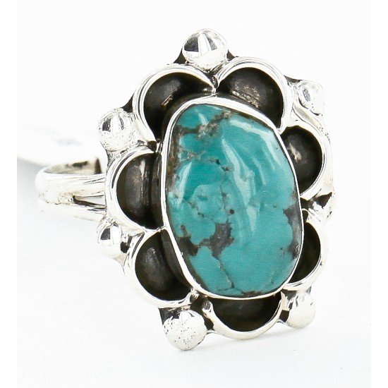 .925 Sterling Silver Flower Handmade Certified Authentic Navajo Natural Turquoise Native American Ring  17000-1