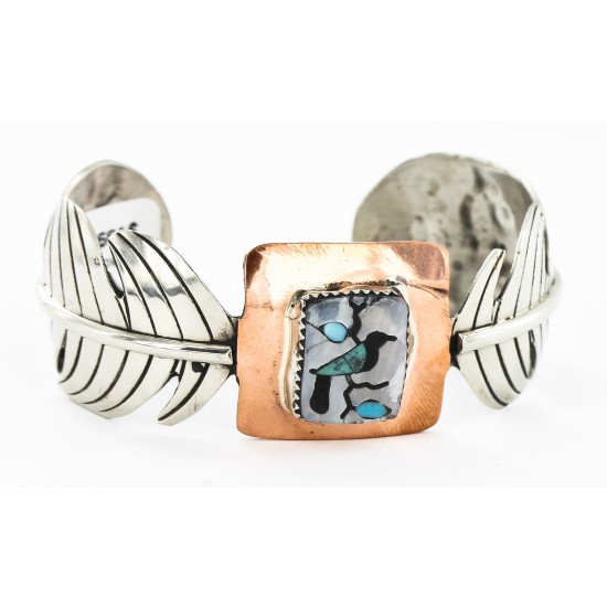 Feather Bird Certified Authentic Navajo Nickel Copper Inlaid Natural Turquoise Black Onyx Mother of Pearl Native American Bracelet 12837-3