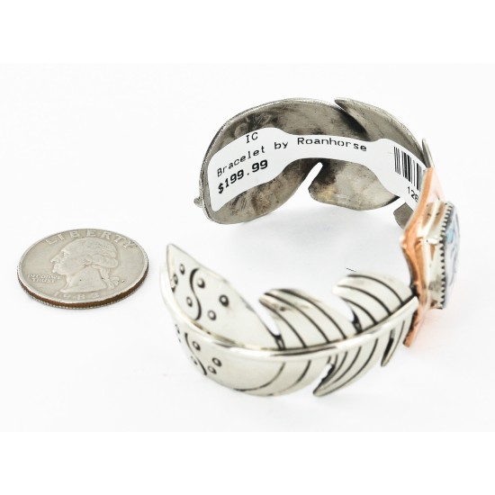 Feather Bird Certified Authentic Navajo Nickel Copper Inlaid Natural Turquoise Black Onyx Mother of Pearl Native American Bracelet 12837-3
