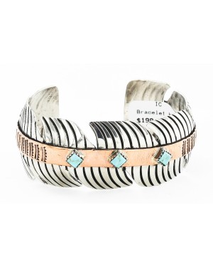 Handmade Feather Certified Authentic Navajo Pure Nickel and Copper Native American Bracelet Natural Turquoise 12844-3