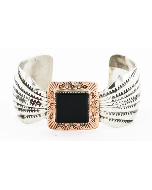 Handmade Horse Certified Authentic Navajo Pure Nickel Copper Native American Bracelet Natural Black Onyx 12844-5