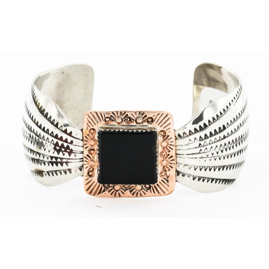 Handmade Horse Certified Authentic Navajo Pure Nickel Copper Native American Bracelet Natural Black Onyx 12844-5