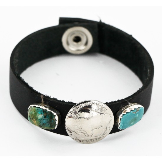 Handmade LEATHER Certified Authentic Vintage Style Buffalo Nickel Navajo .925 Sterling Silver Natural Turquoise Native American Bracelet 12836-2