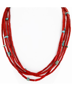 Large Certified Authentic 5 Strand Navajo .925 Sterling Silver Turquoise and Coral Native American Necklace 15809-102