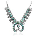 Squash Blossom .925 Sterling Silver Handmade Navajo Native American Natural Turquoise Necklace 35104