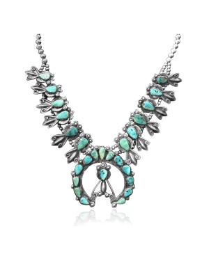 Squash Blossom .925 Sterling Silver Certified Authentic Handmade Navajo Native American Natural Turquoise Necklace 35104