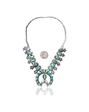 Squash Blossom .925 Sterling Silver Certified Authentic Handmade Navajo Native American Natural Turquoise Necklace 35104
