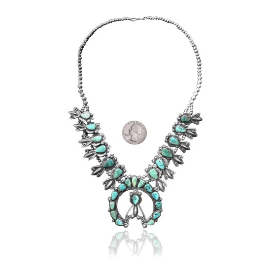 Squash Blossom .925 Sterling Silver Handmade Navajo Native American Natural Turquoise Necklace 35104 Squash Blossom .925 Sterling Silver Handmade Navajo Native American Natural Turquoise Necklace 35104