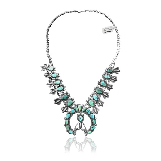 Squash Blossom .925 Sterling Silver Handmade Navajo Native American Natural Turquoise Necklace 35104 Squash Blossom .925 Sterling Silver Handmade Navajo Native American Natural Turquoise Necklace 35104