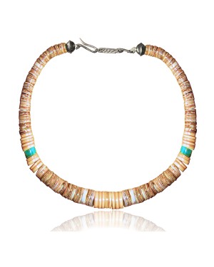 .925 Sterling Silver Certified Authentic Navajo Native American 1 strand Natural Turquoise Graduated Melon Shell Necklace 35118