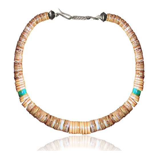 .925 Sterling Silver Certified Authentic Navajo Native American 1 strand Natural Turquoise Graduated Melon Shell Necklace 35118