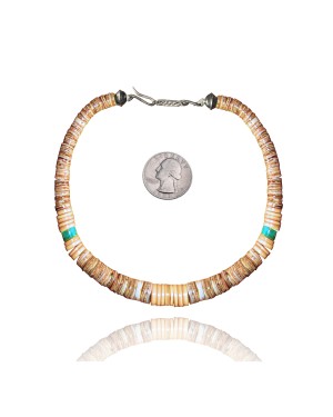 .925 Sterling Silver Certified Authentic Navajo Native American 1 strand Natural Turquoise Graduated Melon Shell Necklace 35118