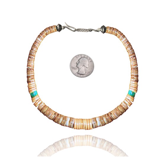 .925 Sterling Silver Certified Authentic Navajo Native American 1 strand Natural Turquoise Graduated Melon Shell Necklace 35118