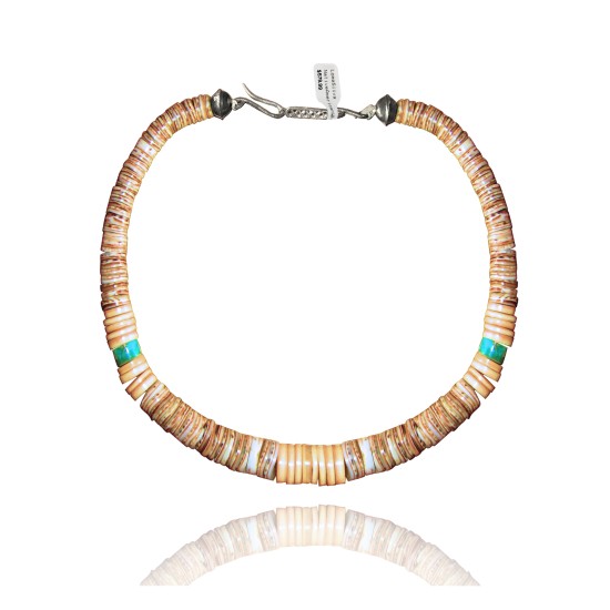.925 Sterling Silver Certified Authentic Navajo Native American 1 strand Natural Turquoise Graduated Melon Shell Necklace 35118