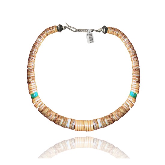 .925 Sterling Silver Certified Authentic Navajo Native American 1 strand Natural Turquoise Graduated Melon Shell Necklace 35118