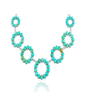 Elegant Flower .925 Sterling Silver Certified Authentic Handmade Navajo Native American Natural Turquoise Necklace 35123