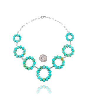 Elegant Flower .925 Sterling Silver Certified Authentic Handmade Navajo Native American Natural Turquoise Necklace 35123