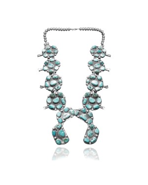 .925 Sterling Silver Certified Authentic Navajo Native American Natural Turquoise Necklace 35141