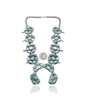 .925 Sterling Silver Certified Authentic Navajo Native American Natural Turquoise Necklace 35141
