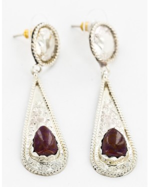 Certified Authentic Handmade Navajo .925 Sterling Silver Dangle Native American Earrings Natural Sugilite 27189-3