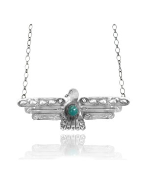 Thunderbird .925 Sterling Silver Certified Authentic Navajo Native American Natural Turquoise Necklace 35147