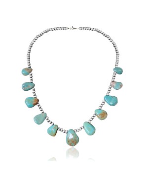 .925 Sterling Silver Certified Authentic Navajo Native American Natural Turquoise Necklace 35154