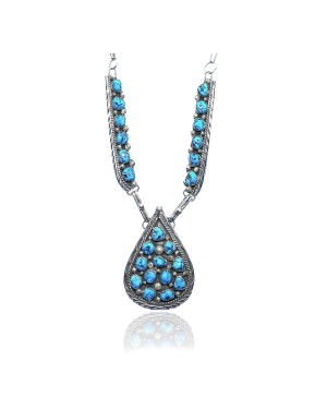 Large .925 Sterling Silver Certified Authentic Navajo Native American Natural Turquoise Necklace 35157