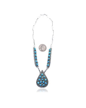 Large .925 Sterling Silver Certified Authentic Navajo Native American Natural Turquoise Necklace 35157