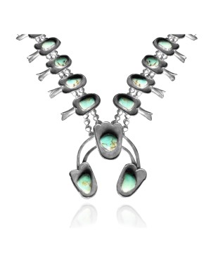 Squash Blossom .925 Sterling Silver Certified Authentic Navajo Native American Natural Turquoise Necklace 35169