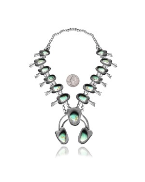 Squash Blossom .925 Sterling Silver Certified Authentic Navajo Native American Natural Turquoise Necklace 35169
