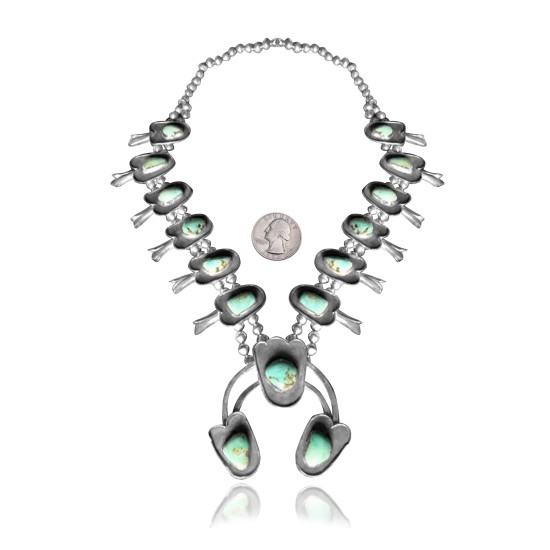 Squash Blossom .925 Sterling Silver Certified Authentic Navajo Native American Natural Turquoise Necklace 35169