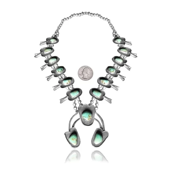 Squash Blossom .925 Sterling Silver Navajo Native American Natural Turquoise Necklace 35169 Squash Blossom .925 Sterling Silver Navajo Native American Natural Turquoise Necklace 35169