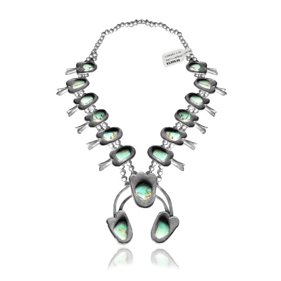 Squash Blossom .925 Sterling Silver Certified Authentic Navajo Native American Natural Turquoise Necklace 35169