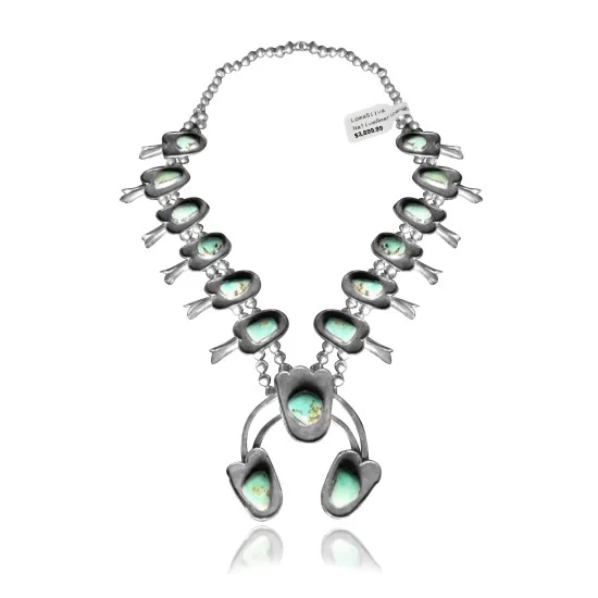 Squash Blossom .925 Sterling Silver Navajo Native American Natural Turquoise Necklace 35169 Squash Blossom .925 Sterling Silver Navajo Native American Natural Turquoise Necklace 35169