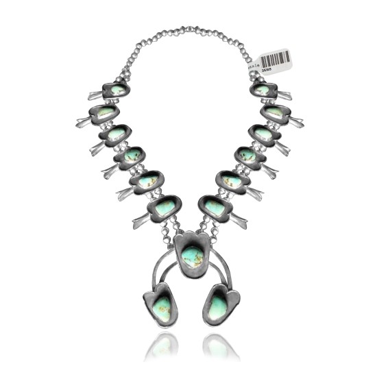 Squash Blossom .925 Sterling Silver Certified Authentic Navajo Native American Natural Turquoise Necklace 35169