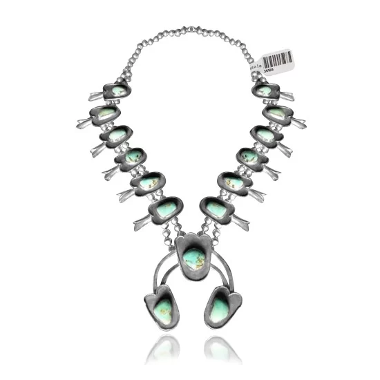 Squash Blossom .925 Sterling Silver Navajo Native American Natural Turquoise Necklace 35169 Squash Blossom .925 Sterling Silver Navajo Native American Natural Turquoise Necklace 35169