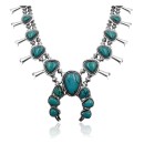 Squash Blossom .925 Sterling Silver Certified Authentic Navajo Native American Natural Turquoise Necklace 35173
