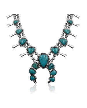 Squash Blossom .925 Sterling Silver Certified Authentic Navajo Native American Natural Turquoise Necklace 35173