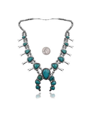 Squash Blossom .925 Sterling Silver Certified Authentic Navajo Native American Natural Turquoise Necklace 35173